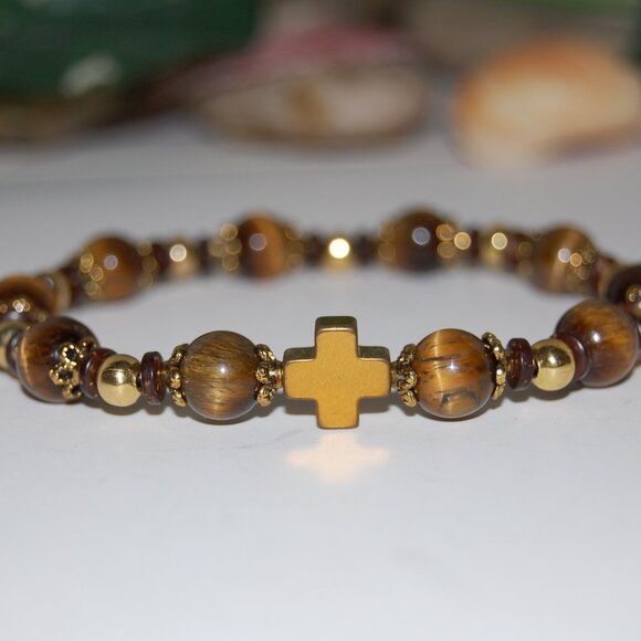 Cross Bracelet,Rosary Bracelet,Tiger Eye Bracelet,Cross Rosary Bracelet,Tiger Ey - Picture 2 of 5